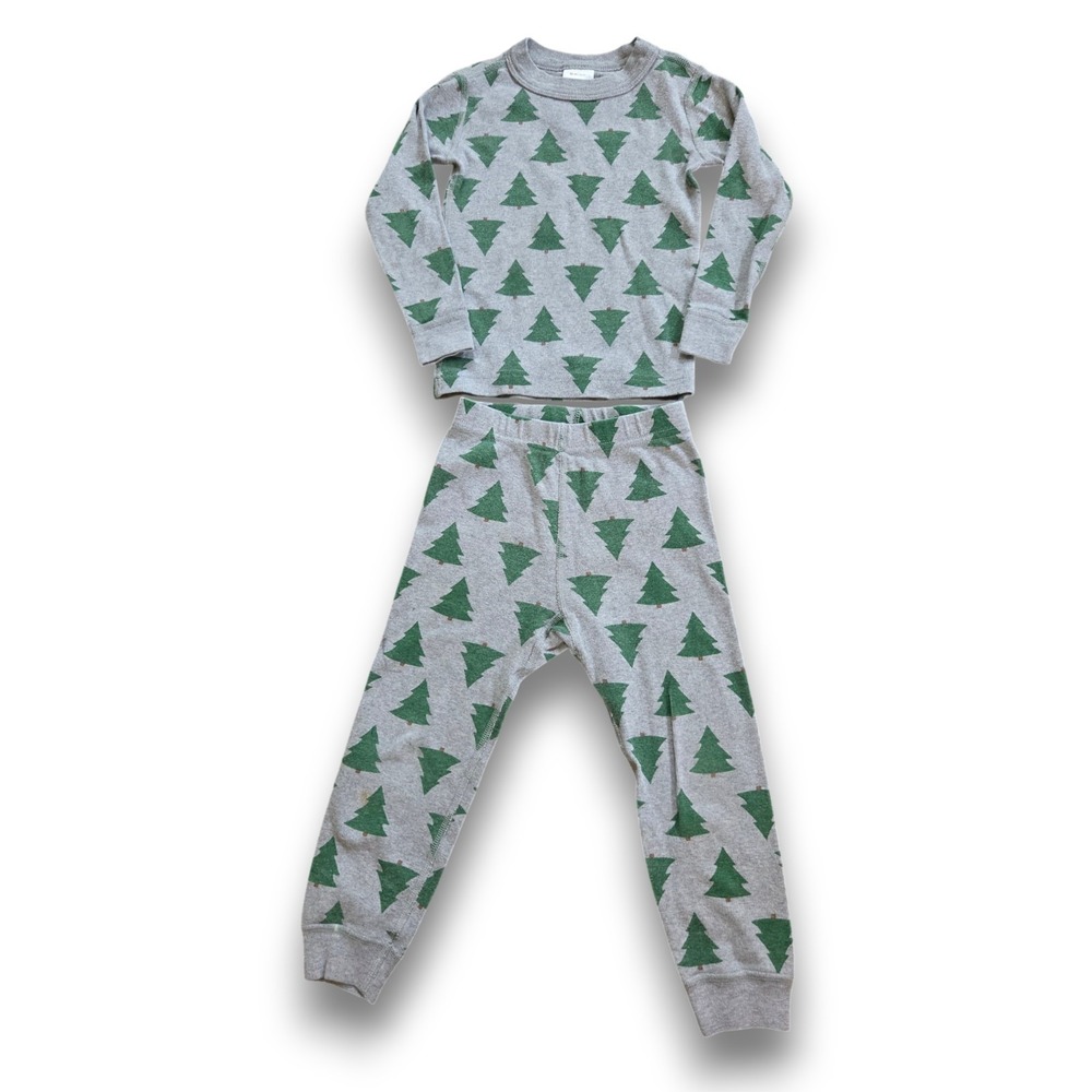 Hanna Andersson Green Gray Christmas Tree Pajamas Long John Kids Boys 100 US 4